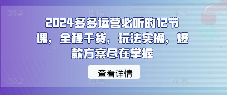 2024多多运营必听的12节课，全程干货，玩法实操，爆款方案尽在掌握_网创之家